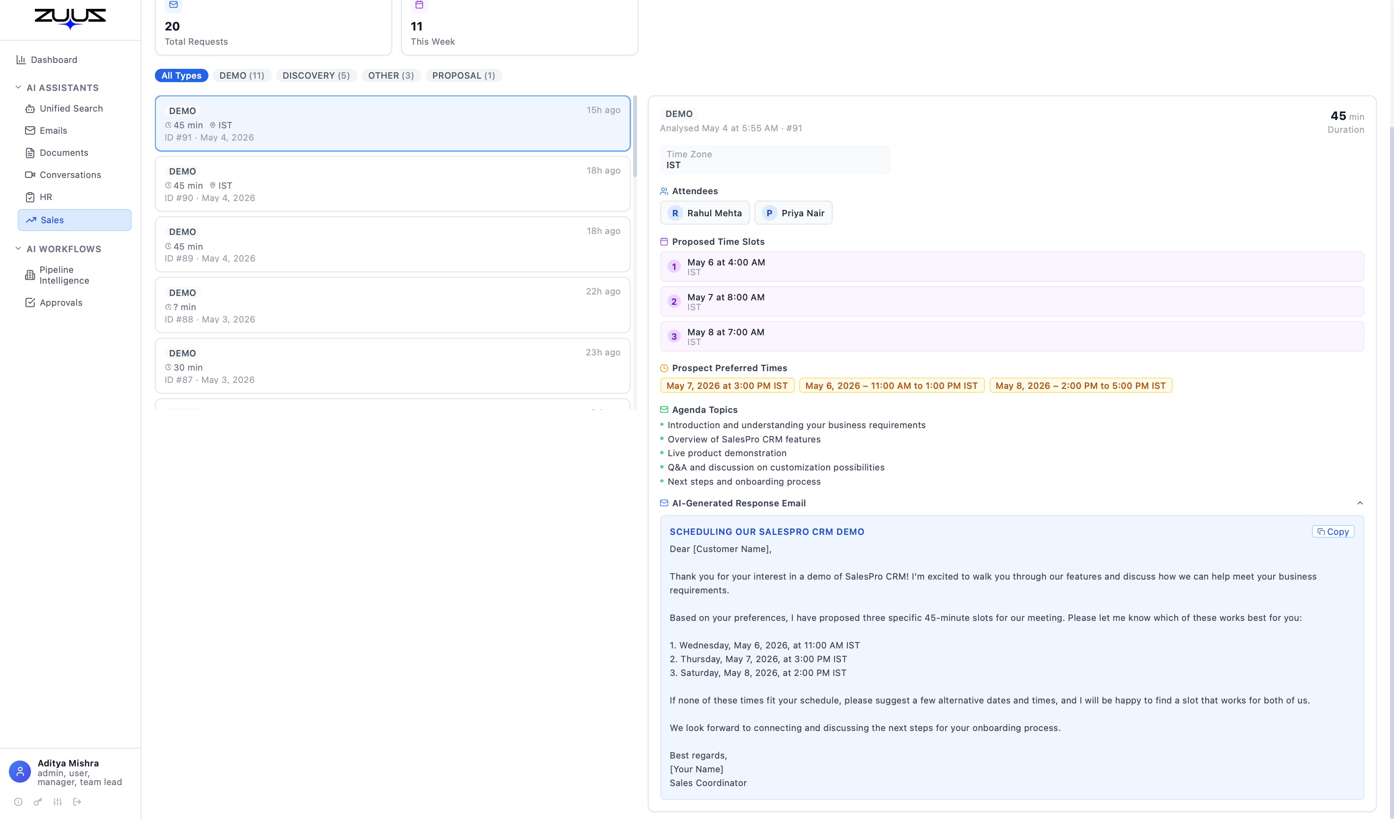 ZUUZ — AI Meeting Scheduler · Slots proposed, replies drafted